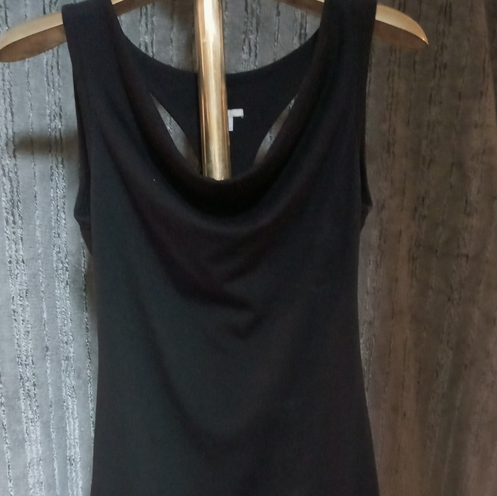 Black top. Cowl front and back. Beaded on back